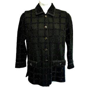 St John Marie Gray Santana Knit Black Metallic Grid Wool Tweed Cardigan Size 8